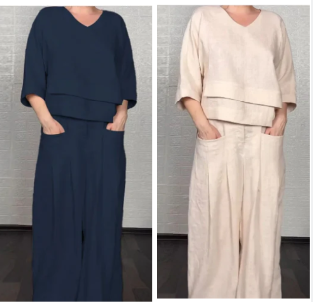 💎 Ensemble 2 pièces en coton-lin à ourlet irrégulier – haut à encolure en V + pantalon large, respirant et naturellement élégant 🍂👚