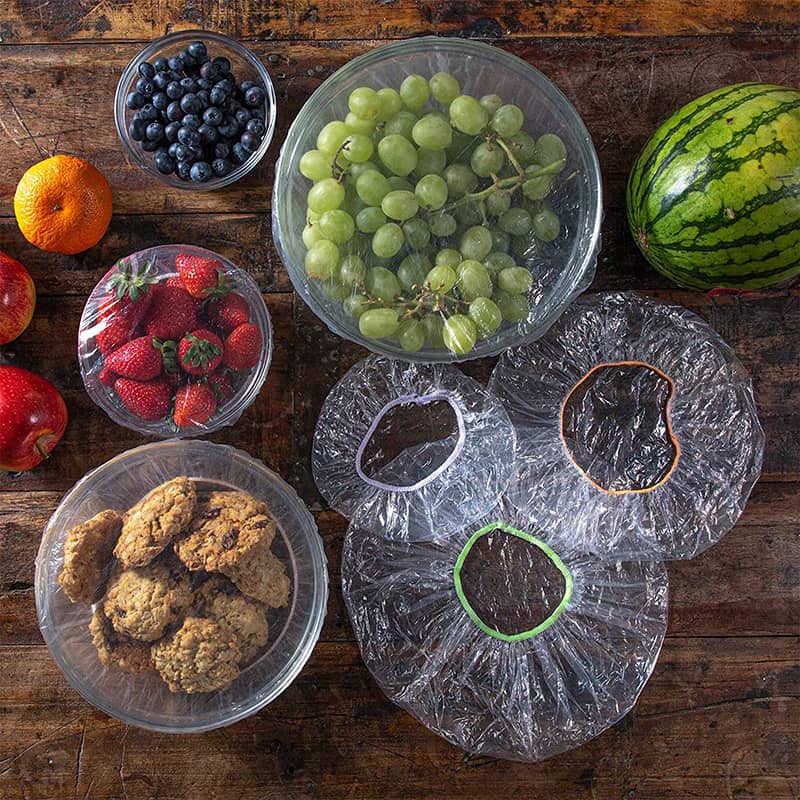 Lot de 100 films étirables jetables pour bols et assiettes, couvercles élastiques pour récipients, alternative au film alimentaire pour conserver les restes, les fruits, les légumes et les aliments en cuisine