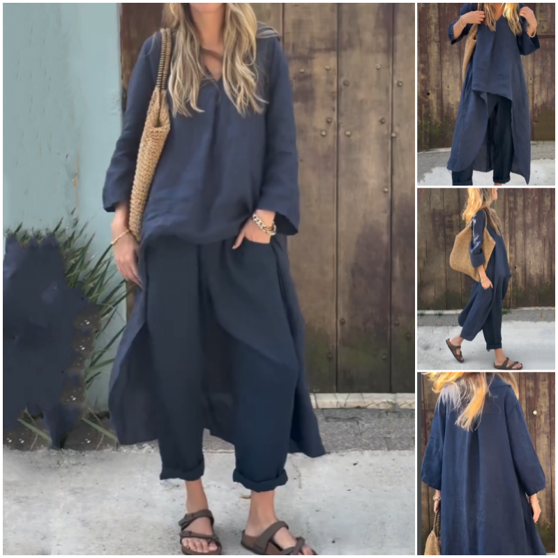 Ensemble deux pièces composé d'un haut et d'un pantalon avec un ourlet haut-bas de couleur unie