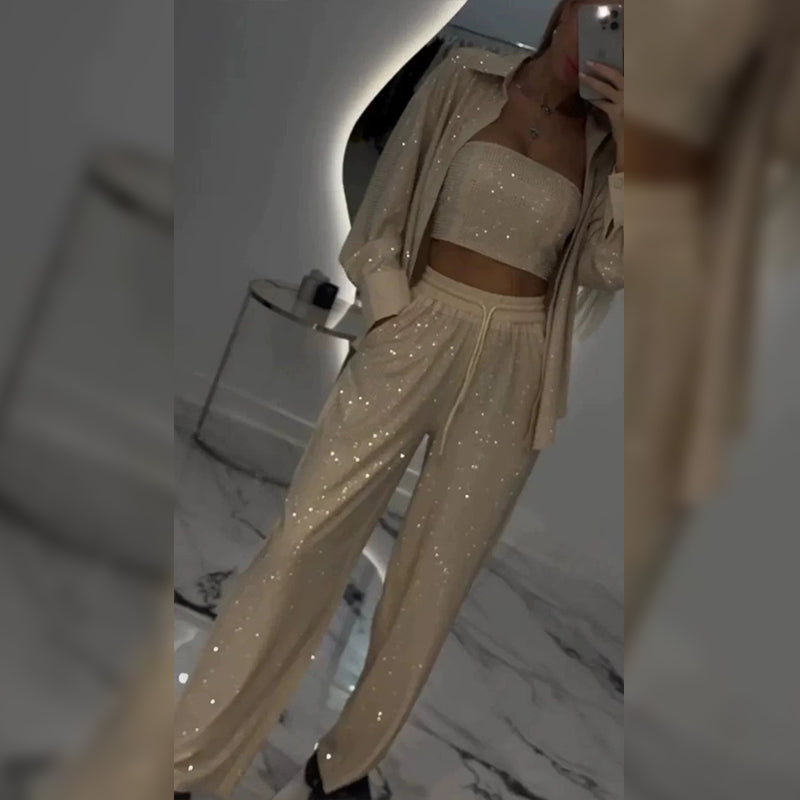 🌟👠Must-Have for Shiny Partiest✨ Blazer éblouissant et pantalon à large jambe, élégant et grandiose, parfait pour les fêtes !
