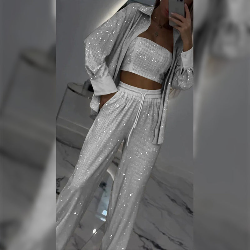 🌟👠Must-Have for Shiny Partiest✨ Blazer éblouissant et pantalon à large jambe, élégant et grandiose, parfait pour les fêtes !
