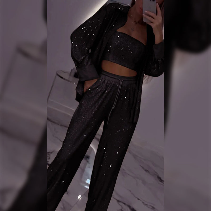 🌟👠Must-Have for Shiny Partiest✨ Blazer éblouissant et pantalon à large jambe, élégant et grandiose, parfait pour les fêtes !