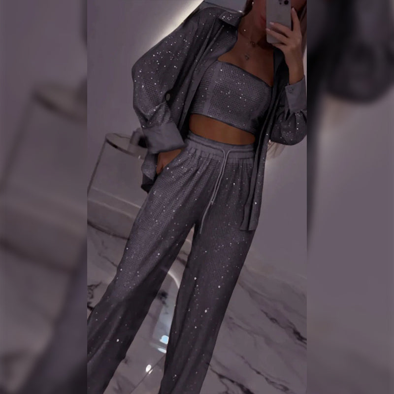🌟👠Must-Have for Shiny Partiest✨ Blazer éblouissant et pantalon à large jambe, élégant et grandiose, parfait pour les fêtes !