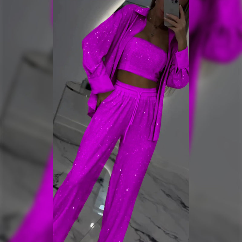 🌟👠Must-Have for Shiny Partiest✨ Blazer éblouissant et pantalon à large jambe, élégant et grandiose, parfait pour les fêtes !