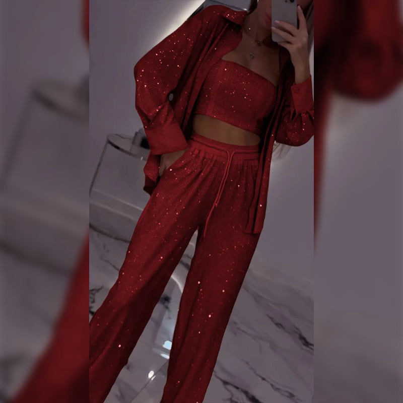 🌟👠Must-Have for Shiny Partiest✨ Blazer éblouissant et pantalon à large jambe, élégant et grandiose, parfait pour les fêtes !