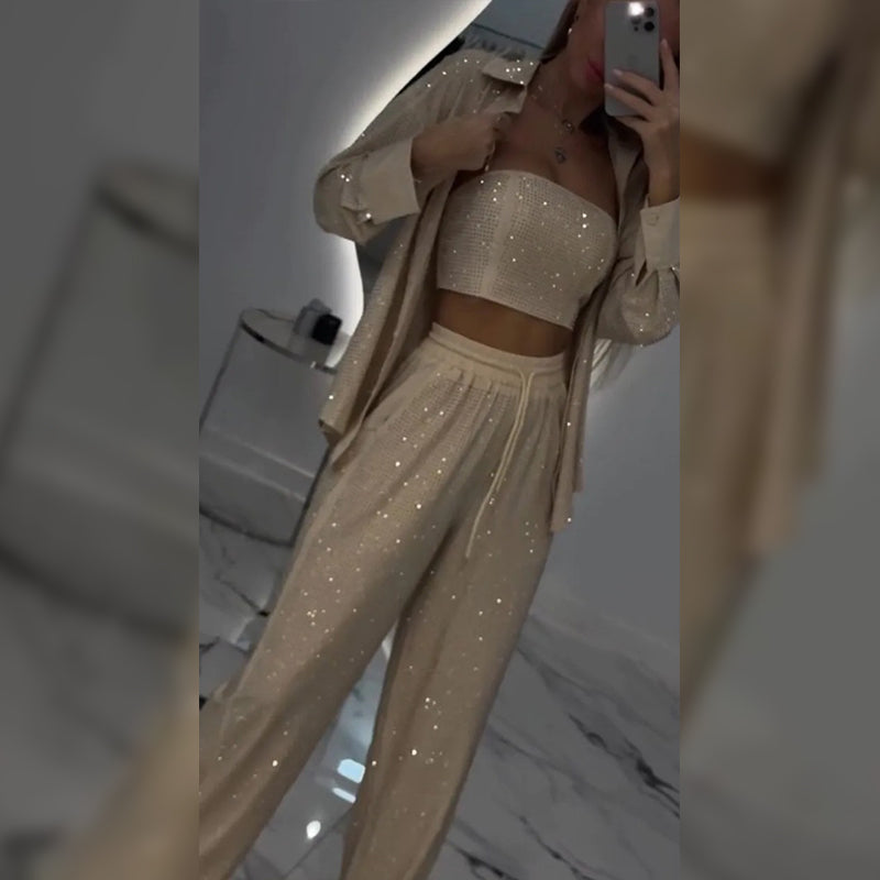 🌟👠Must-Have for Shiny Partiest✨ Blazer éblouissant et pantalon à large jambe, élégant et grandiose, parfait pour les fêtes !