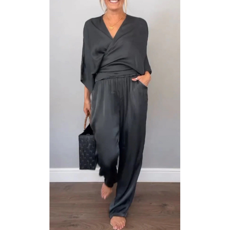 💃Ensemble 2 pièces élégant pour femme, haut à col en V et pantalon en coton mercerisé