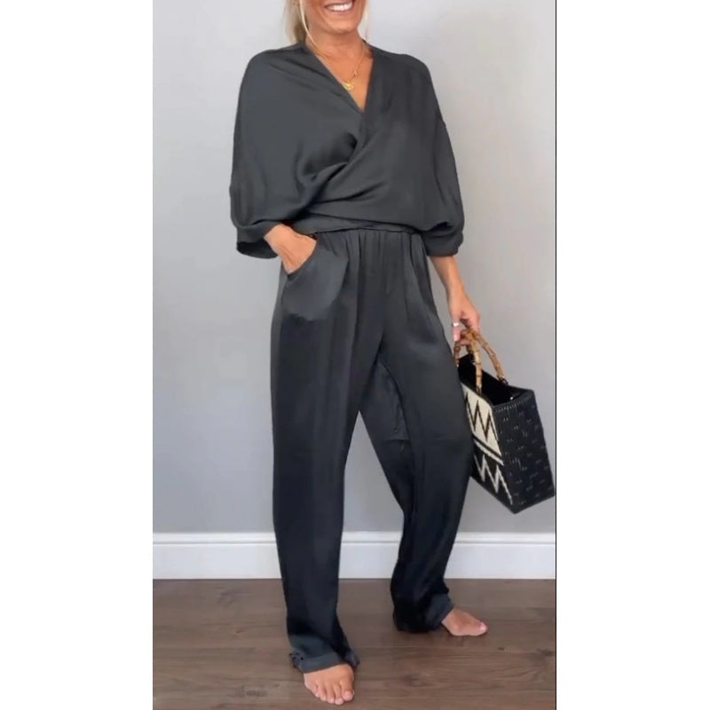 💃Ensemble 2 pièces élégant pour femme, haut à col en V et pantalon en coton mercerisé