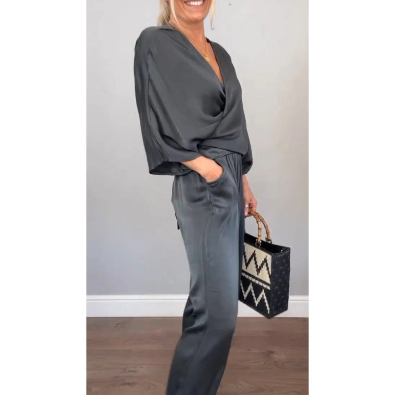 💃Ensemble 2 pièces élégant pour femme, haut à col en V et pantalon en coton mercerisé