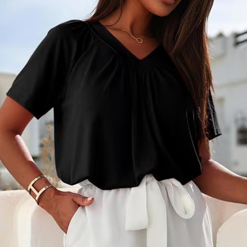 đ„Vente directe d'usineđ„T-shirt dĂ©contractĂ© extensible Ă col en V pour femme