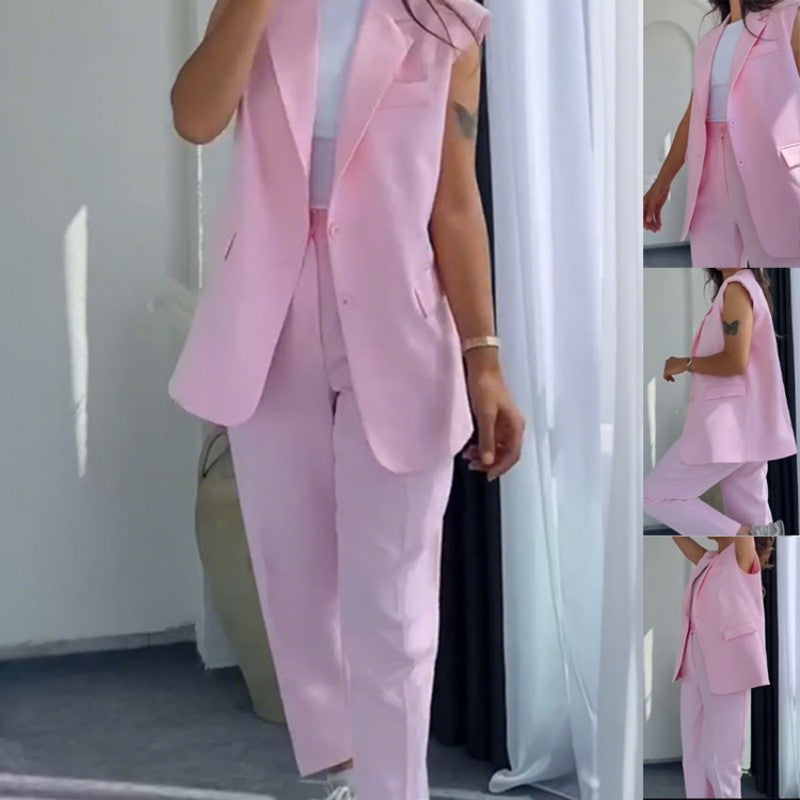 đ„50% de rĂ©ductionđ Blazer Ă©lĂ©gant sans manches et pantalon Ă taille haute pour femmes