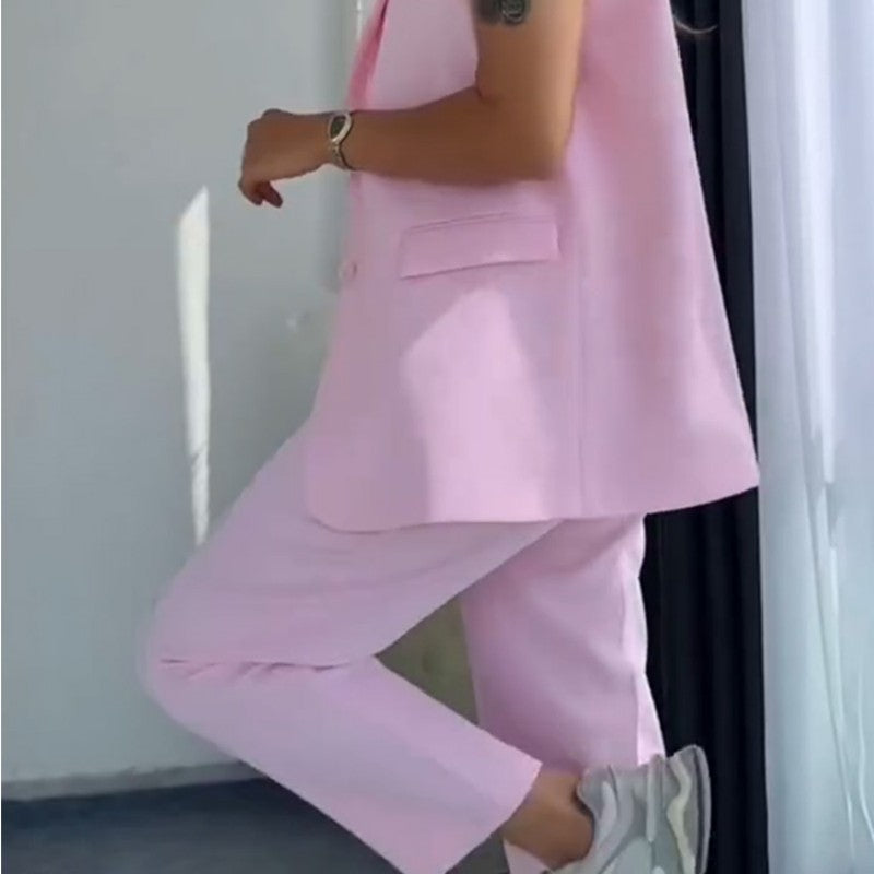 đ„50% de rĂ©ductionđ Blazer Ă©lĂ©gant sans manches et pantalon Ă taille haute pour femmes