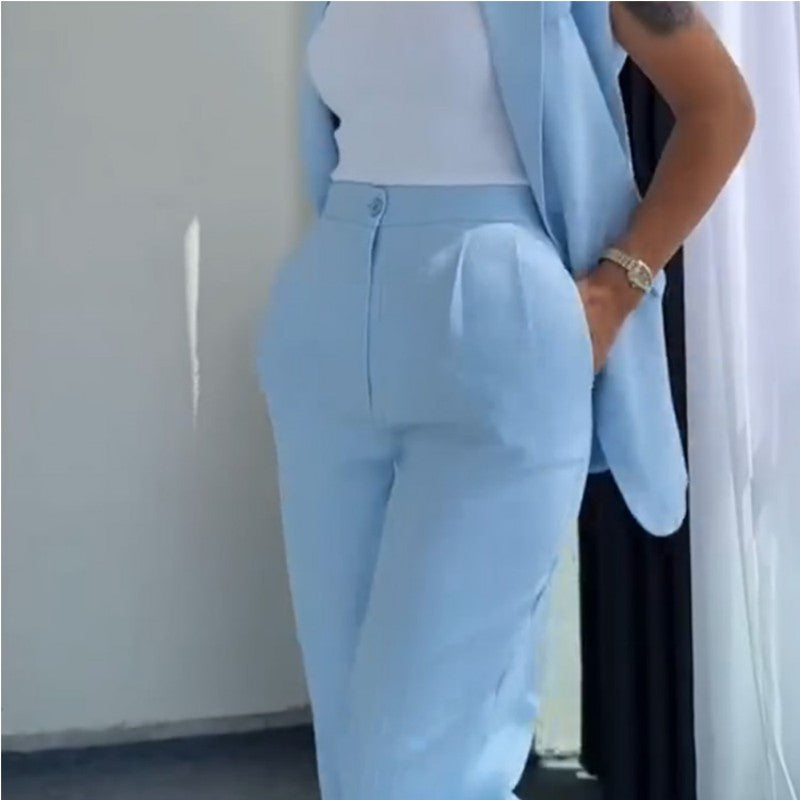 đ„50% de rĂ©ductionđ Blazer Ă©lĂ©gant sans manches et pantalon Ă taille haute pour femmes