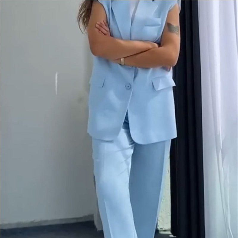 đ„50% de rĂ©ductionđ Blazer Ă©lĂ©gant sans manches et pantalon Ă taille haute pour femmes