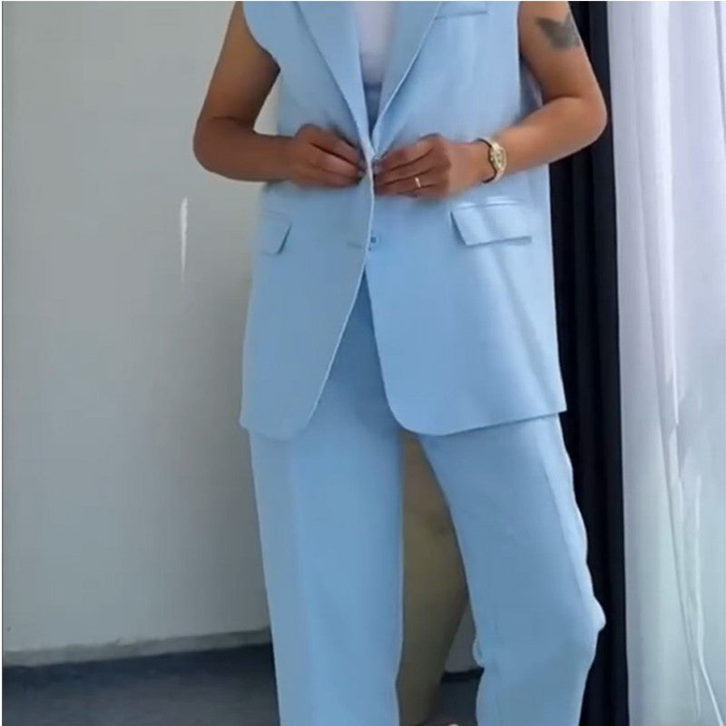 đ„50% de rĂ©ductionđ Blazer Ă©lĂ©gant sans manches et pantalon Ă taille haute pour femmes
