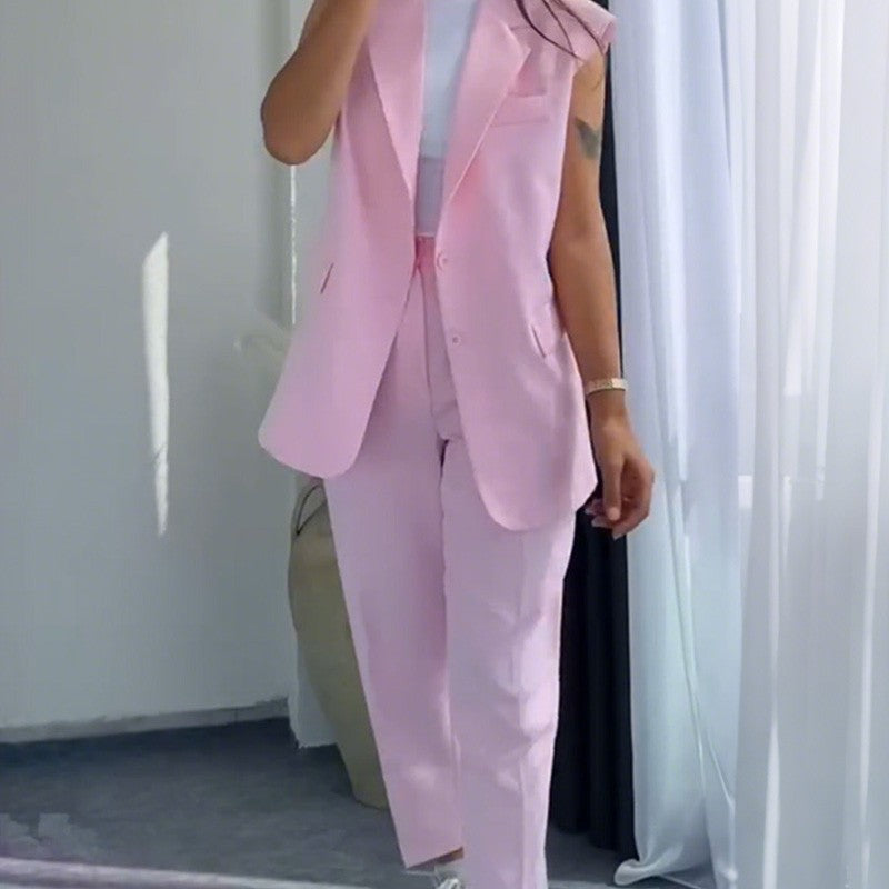 đ„50% de rĂ©ductionđ Blazer Ă©lĂ©gant sans manches et pantalon Ă taille haute pour femmes