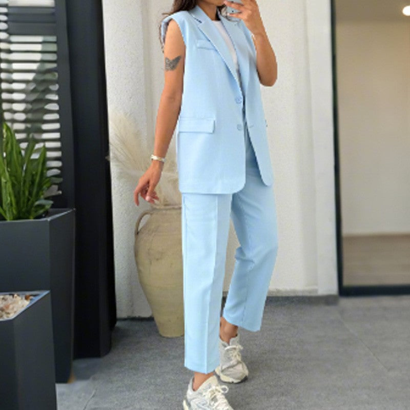 đ„50% de rĂ©ductionđ Blazer Ă©lĂ©gant sans manches et pantalon Ă taille haute pour femmes