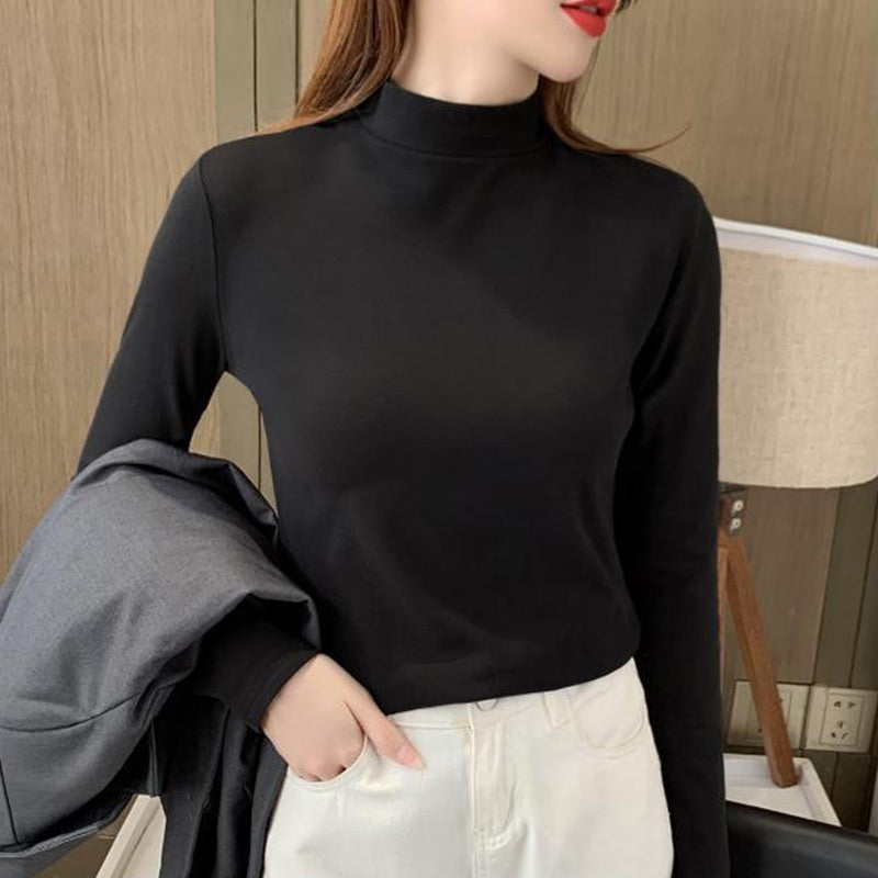 🏆Haut confortable uni à manches longues et col mi-haut pour femme🌿🌿