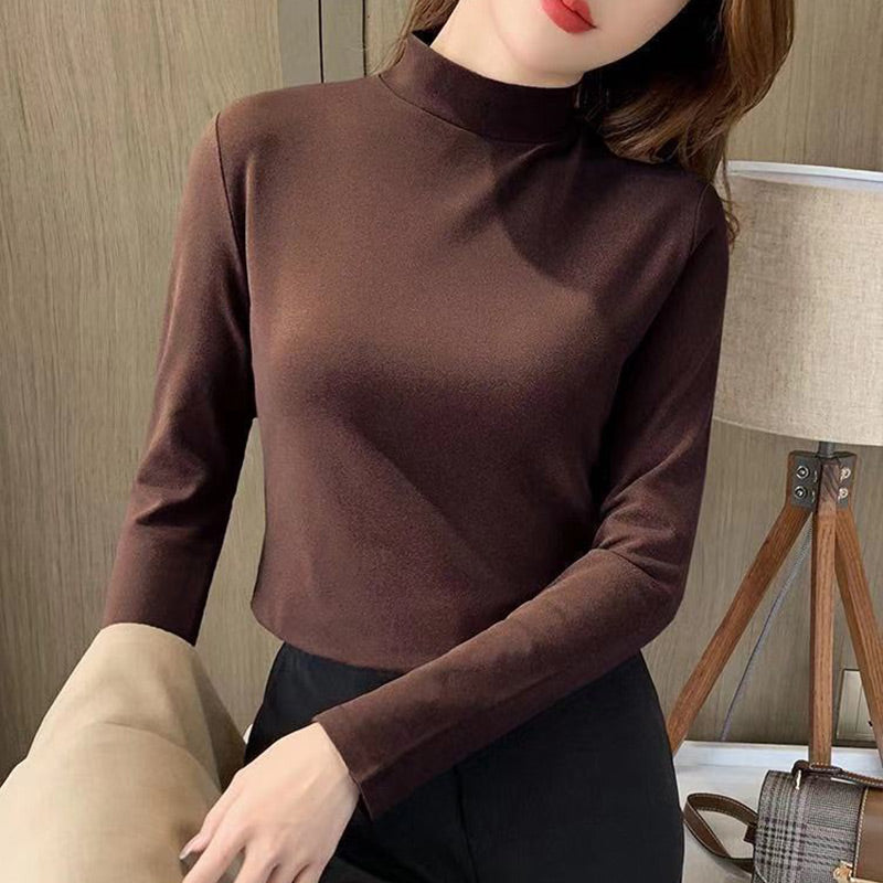 🏆Haut confortable uni à manches longues et col mi-haut pour femme🌿🌿