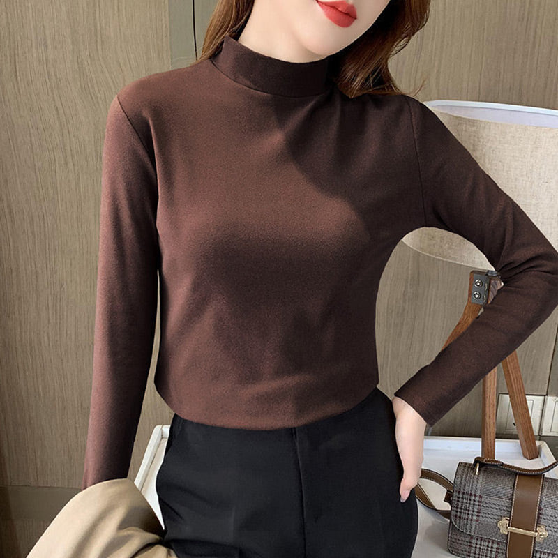 🏆Haut confortable uni à manches longues et col mi-haut pour femme🌿🌿