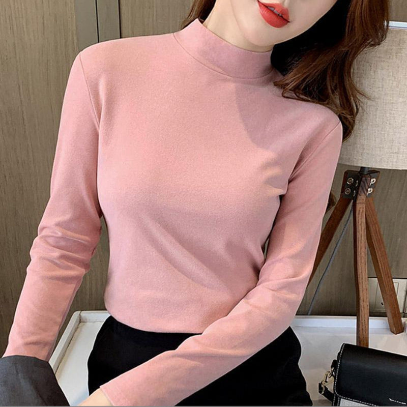 🏆Haut confortable uni à manches longues et col mi-haut pour femme🌿🌿