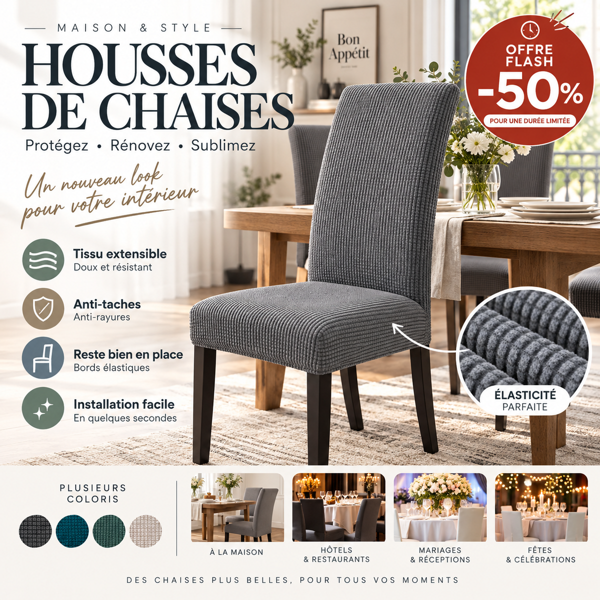 🔥‑50% Réduction ! Housse de chaise extensible 🪑 Ajustement parfait, anti-tache, protège et rénove vos chaises facilement ✨