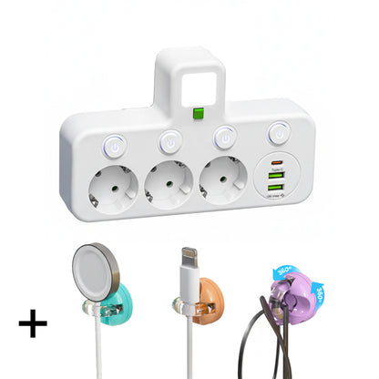 Adaptateur secteur EU avec 4 prises, prise murale multiport avec interrupteur indépendant et petit adaptateur pour veilleuse