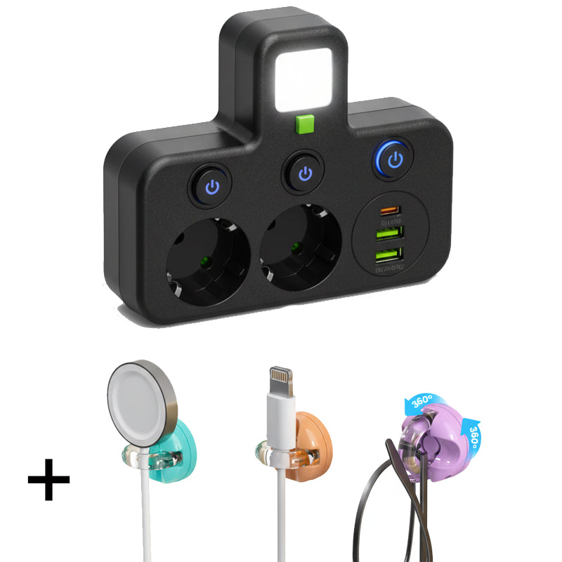 Adaptateur secteur EU avec 4 prises, prise murale multiport avec interrupteur indépendant et petit adaptateur pour veilleuse