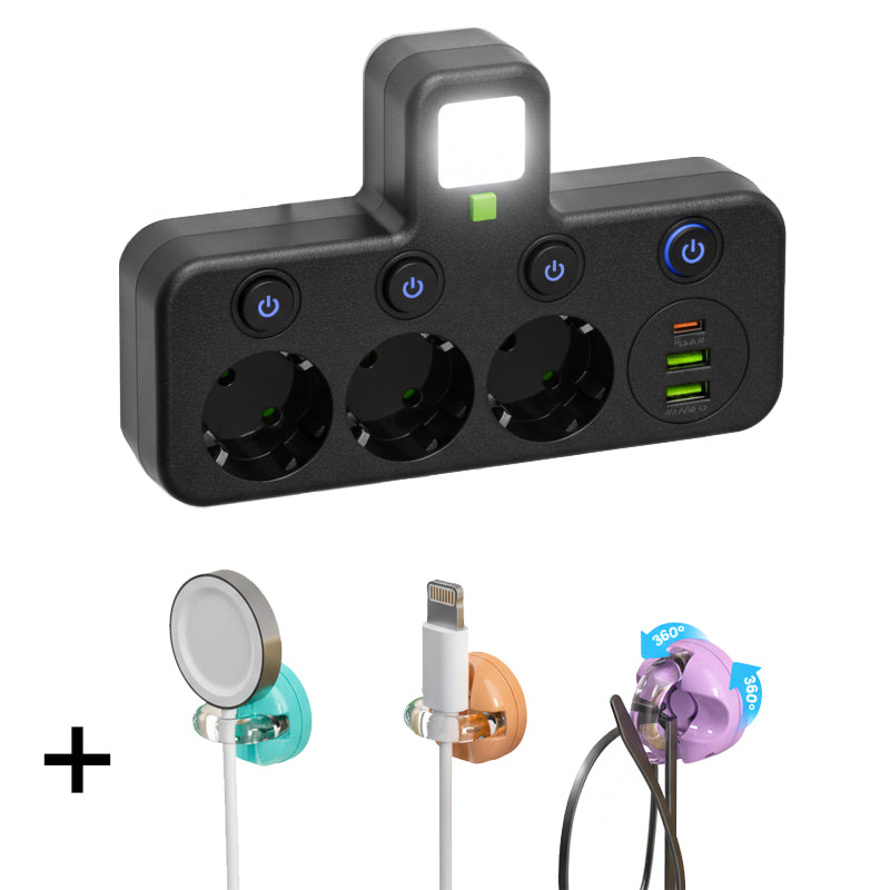 Adaptateur secteur EU avec 4 prises, prise murale multiport avec interrupteur indépendant et petit adaptateur pour veilleuse