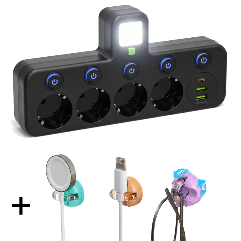 Adaptateur secteur EU avec 4 prises, prise murale multiport avec interrupteur indépendant et petit adaptateur pour veilleuse