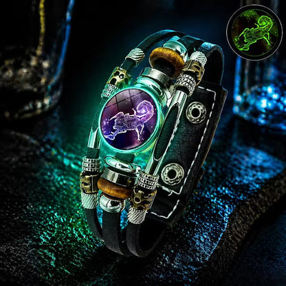 💥Soldes du dernier jour – 57 % de réduction ☪️Bracelet en cuir phosphorescent avec signe du zodiaque pour homme et femme (6,9/8,1 pouces)♑️