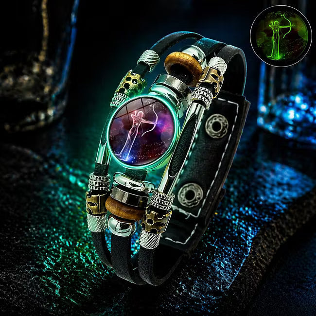 💥Soldes du dernier jour – 57 % de réduction ☪️Bracelet en cuir phosphorescent avec signe du zodiaque pour homme et femme (6,9/8,1 pouces)♑️