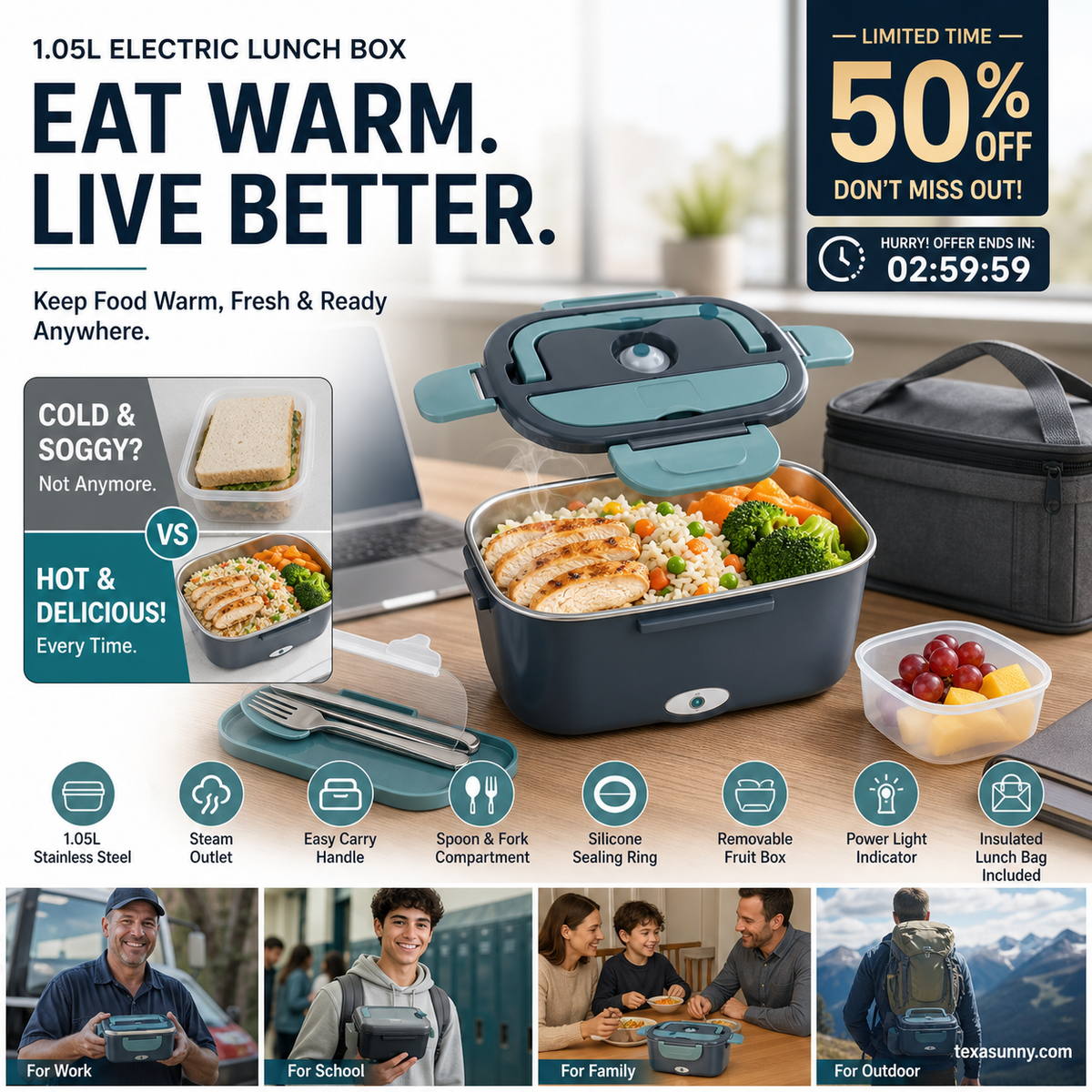 🎉 FLASH SALE 2027 – 50 % DE RÉDUCTION ! 🍱 Boîte repas chauffante électrique portable 2-en-1 – 12 V voiture et 230 V maison – double usage, 1,5 L en acier inoxydable 🔌