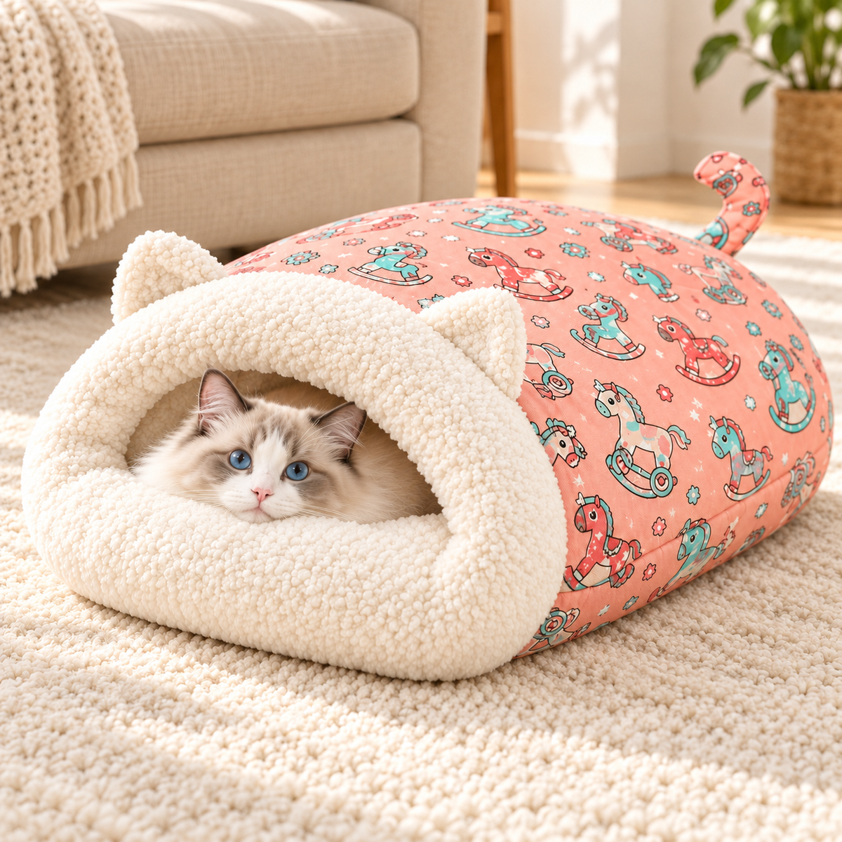 🐈🛏️ Nid-caverne Semi-fermé pour Chats et Petits Chiens – Chaud, Coupe-vent et Douillet pour un Sommeil Profond