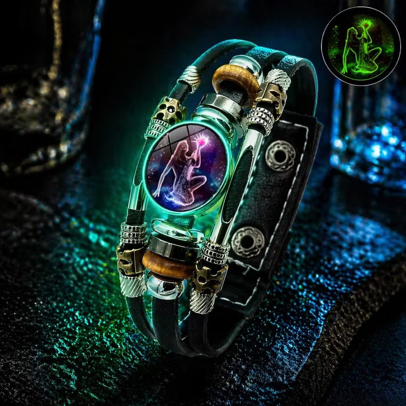 💥Soldes du dernier jour – 57 % de réduction ☪️Bracelet en cuir phosphorescent avec signe du zodiaque pour homme et femme (6,9/8,1 pouces)♑️