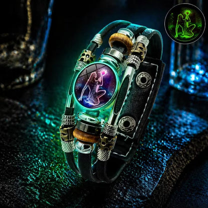 💥Soldes du dernier jour – 57 % de réduction ☪️Bracelet en cuir phosphorescent avec signe du zodiaque pour homme et femme (6,9/8,1 pouces)♑️