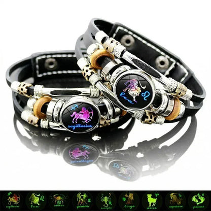 💥Soldes du dernier jour – 57 % de réduction ☪️Bracelet en cuir phosphorescent avec signe du zodiaque pour homme et femme (6,9/8,1 pouces)♑️