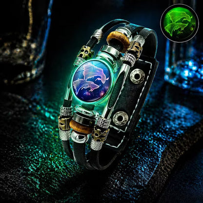 💥Soldes du dernier jour – 57 % de réduction ☪️Bracelet en cuir phosphorescent avec signe du zodiaque pour homme et femme (6,9/8,1 pouces)♑️