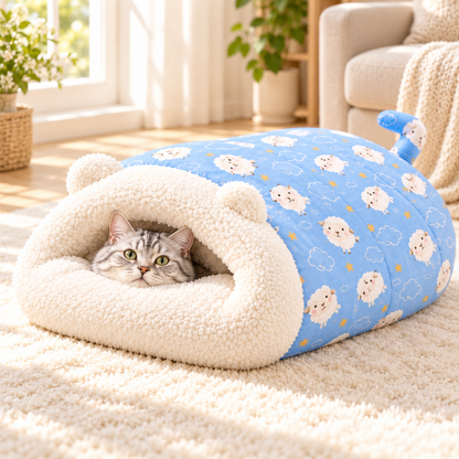 🐈🛏️ Nid-caverne Semi-fermé pour Chats et Petits Chiens – Chaud, Coupe-vent et Douillet pour un Sommeil Profond