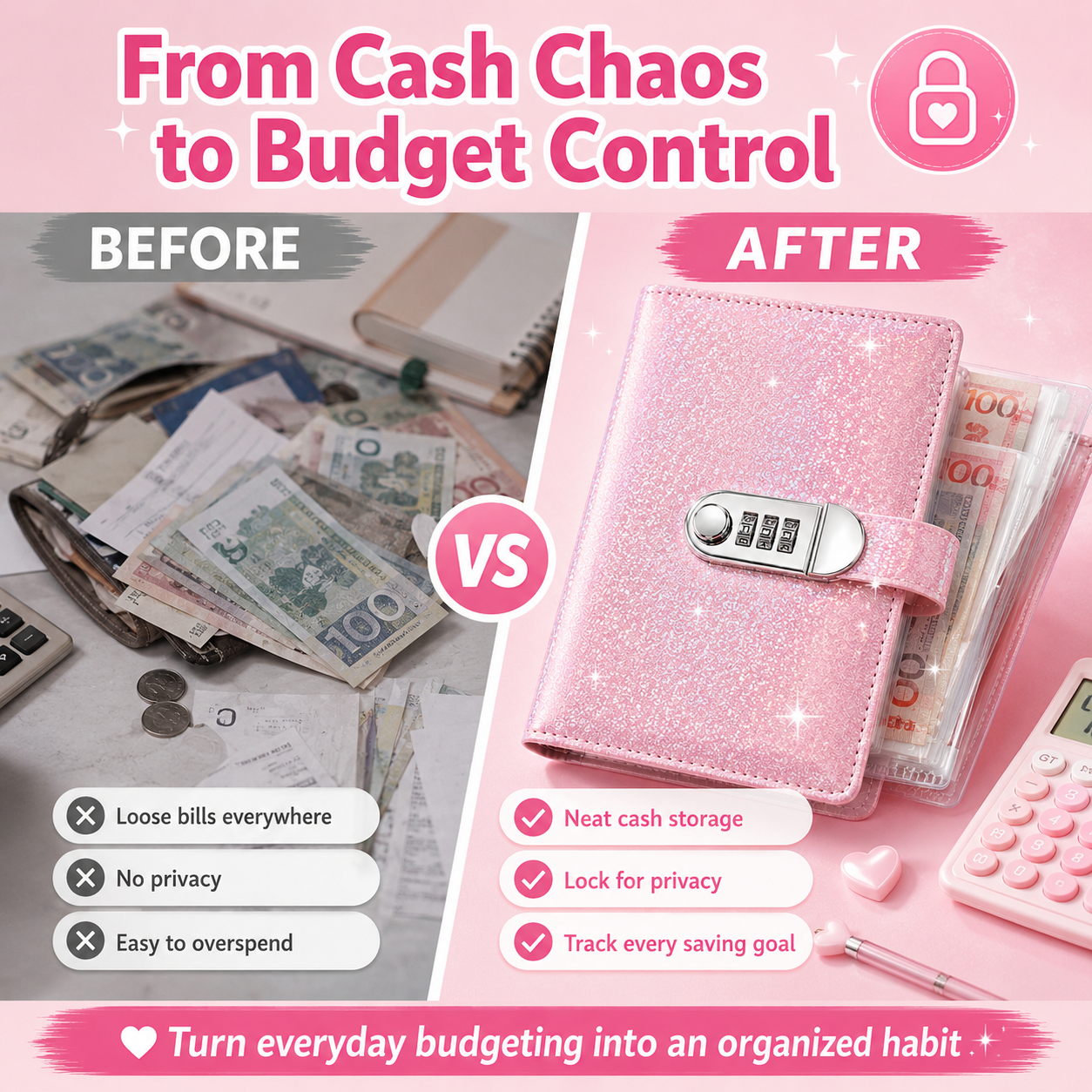 ✨ Classeur d'économies SparkleLock avec serrure à combinaison à 3 chiffres – Organiseur de budget de 100 pages à remplir d'argent pour vos défis d'épargne, vos objectifs financiers et vos cadeaux 💖