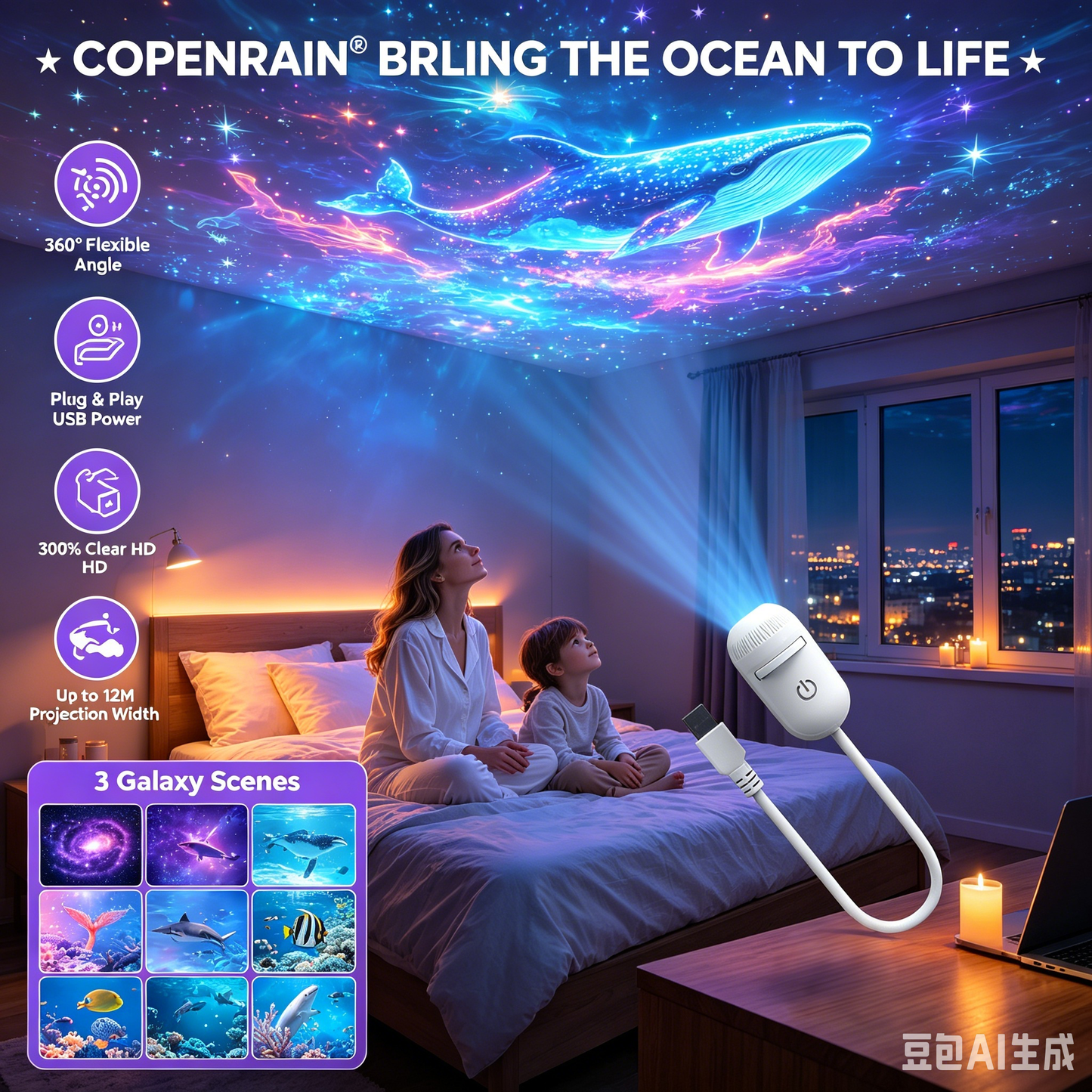 🌌 Projecteur USB Plug-and-Play – Galaxie & Océan HD – Plus de 50 000 Utilisateurs Ravis – Ambiance Magique Instantanée ✨