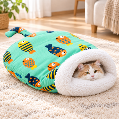 🐈🛏️ Nid-caverne Semi-fermé pour Chats et Petits Chiens – Chaud, Coupe-vent et Douillet pour un Sommeil Profond