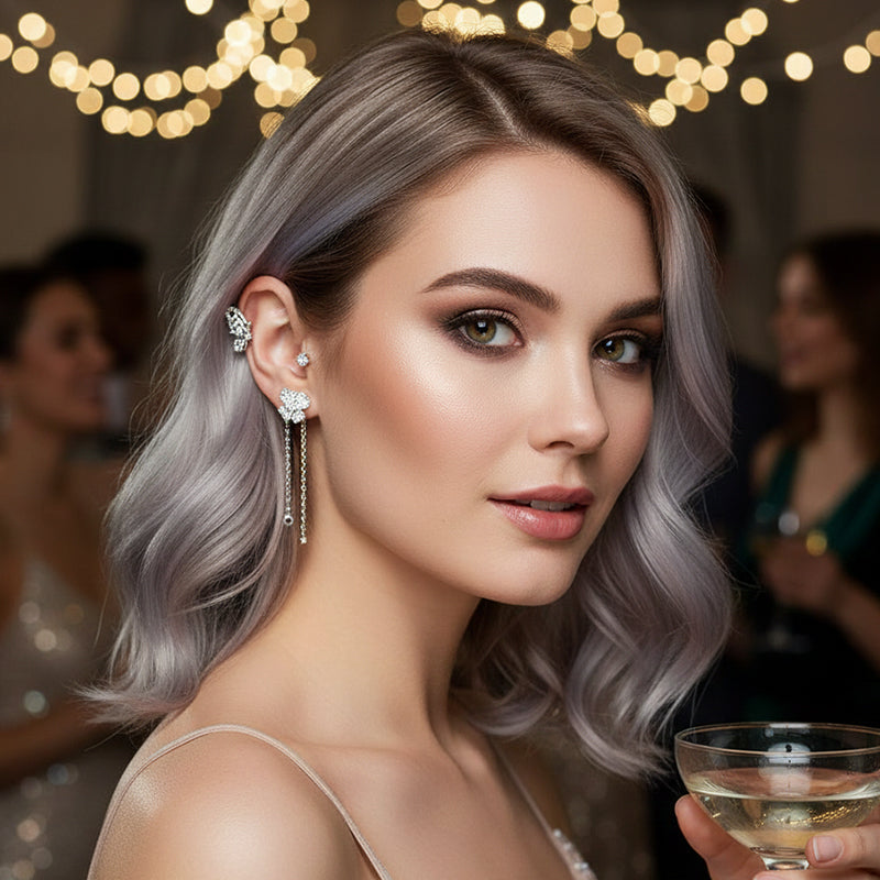 ✨🦋Boucles d'oreilles avec zircone et pompons en forme de papillons