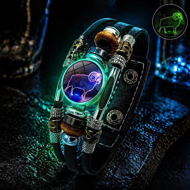 💥Soldes du dernier jour – 57 % de réduction ☪️Bracelet en cuir phosphorescent avec signe du zodiaque pour homme et femme (6,9/8,1 pouces)♑️