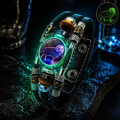 💥Soldes du dernier jour – 57 % de réduction ☪️Bracelet en cuir phosphorescent avec signe du zodiaque pour homme et femme (6,9/8,1 pouces)♑️