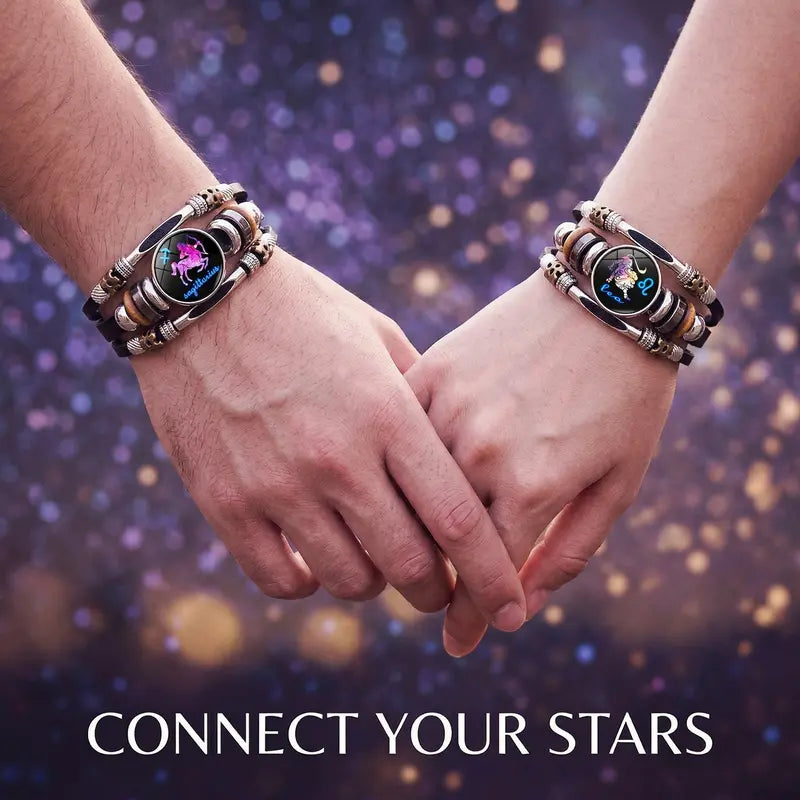💥Soldes du dernier jour – 57 % de réduction ☪️Bracelet en cuir phosphorescent avec signe du zodiaque pour homme et femme (6,9/8,1 pouces)♑️