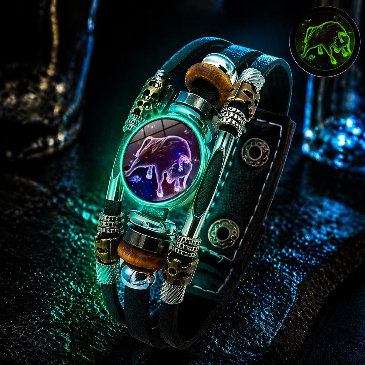 💥Soldes du dernier jour – 57 % de réduction ☪️Bracelet en cuir phosphorescent avec signe du zodiaque pour homme et femme (6,9/8,1 pouces)♑️