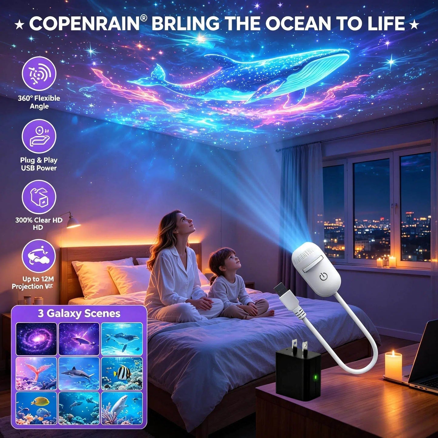 🌌 Projecteur USB Plug-and-Play – Galaxie & Océan HD – Plus de 50 000 Utilisateurs Ravis – Ambiance Magique Instantanée ✨