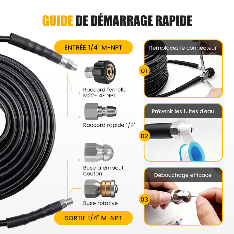 💦 50% DE RÉDUCTION ! 🚿 Kit de Nettoyage Haute Pression 5800 PSI pour Égouts - Buse Rotative et Flexible Renforcé pour Déboucher les Canalisations 🛠️✨