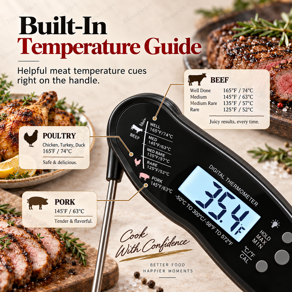 Thermomètre numérique à lecture instantanée pour viande